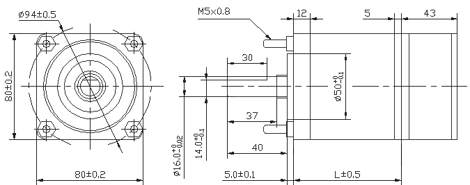 Габаритные и присоединительные размеры планетарного бесколлекторного мотор-редуктора IG-80WGM