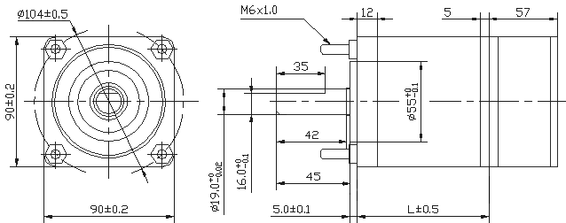 Габаритные и присоединительные размеры планетарного бесколлекторного мотор-редуктора IG-90WGM